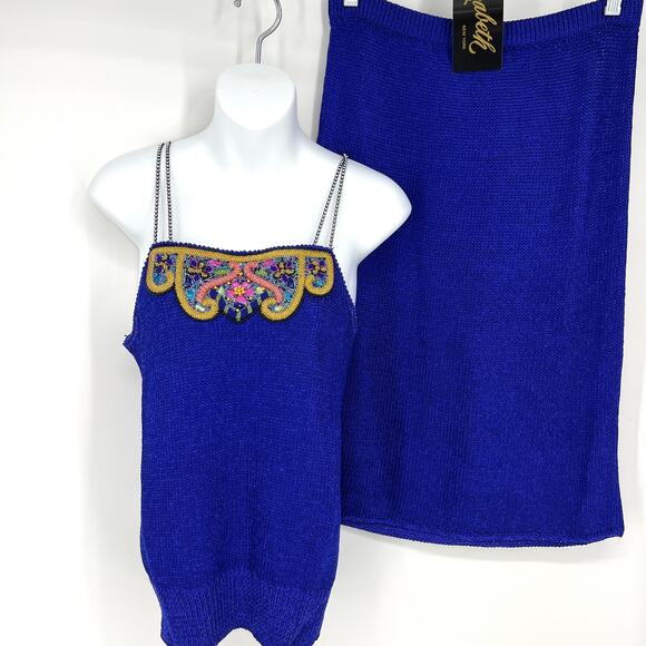 Vintage Elizabeth New York Blue Purple Embellished 3 Piece Wool Knit Set Size M - Picture 3 of 13